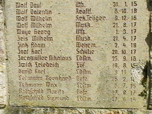 Die nach 1945 ergänzten Namen der jüdischen Gefallenen des 1. Weltkriegs am Kriegerdenkmal in der Bahnhofstraße.